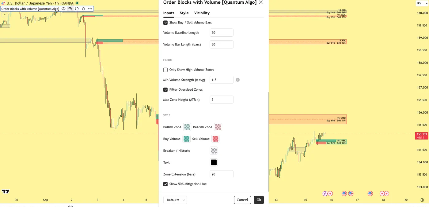 Order Blocks with Volume settings panel showing the volume engine and filters groups: show volume label, buy and sell bars, baseline length, only high-volume zones, minimum volume strength, oversized zone filter