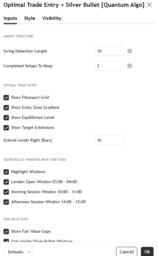 Optimal Trade Entry + Silver Bullet settings panel: swing detection length, signal filters, drawings to keep, Silver Bullet window toggles