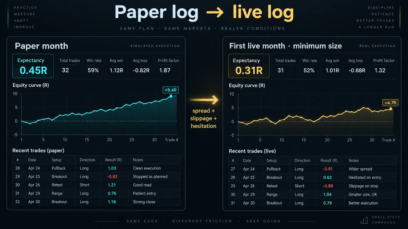 Two journal panels: a paper month at 0.45R expectancy and the first live month at minimum size at 0.31R, with the gap annotated spread plus slippage plus hesitation