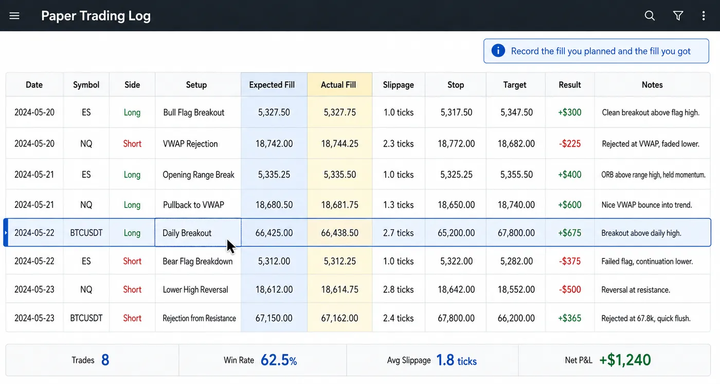 Paper trading log with columns for date, symbol, side, setup, expected fill, actual fill, slippage in ticks, s Paper trading log with columns for date, symbol, side, setup, expected fill, actual fill, slippage in ticks, stop, target, result and notes, showing 8 trades with a 62.5% win rate, 1.8 ticks average slippage and net P&L