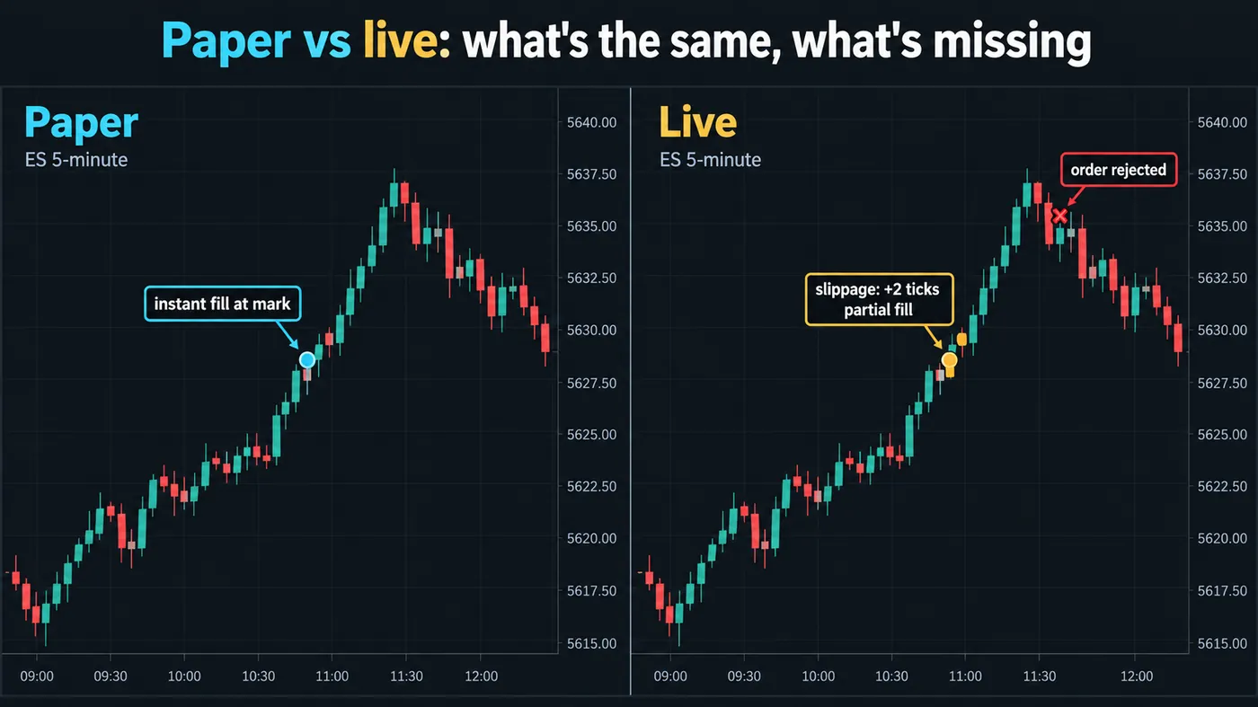 Two identical ES 5-minute panels Two identical ES 5-minute panels: the paper side shows an instant fill at the mark, the live side shows two ticks of slippage, a partial fill and a rejected order
