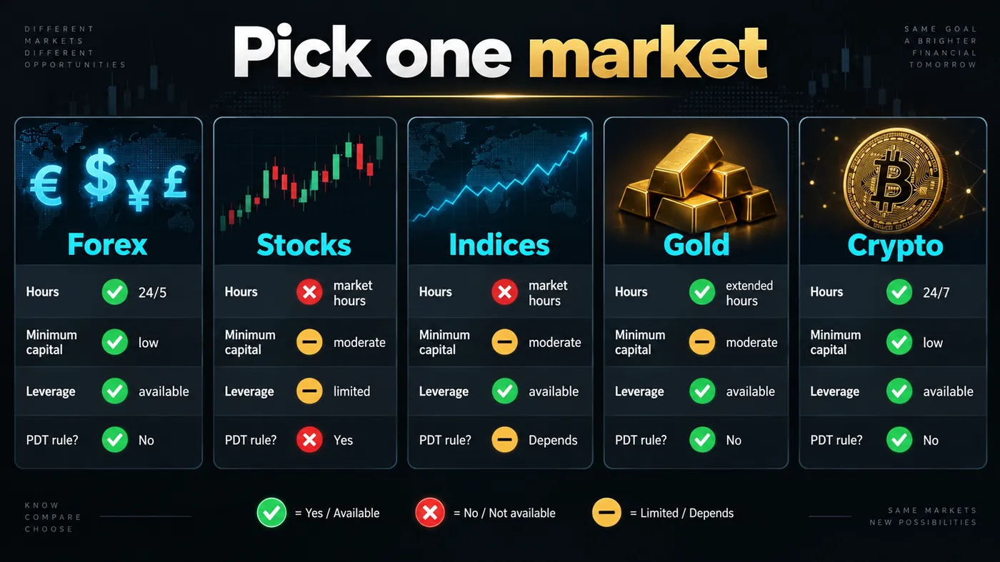 Five cards comparing forex, stocks, indices, gold and crypto on trading hours, minimum capital, leverage and w Five cards comparing forex, stocks, indices, gold and crypto on trading hours, minimum capital, leverage and whether the pattern day trader rule applies
