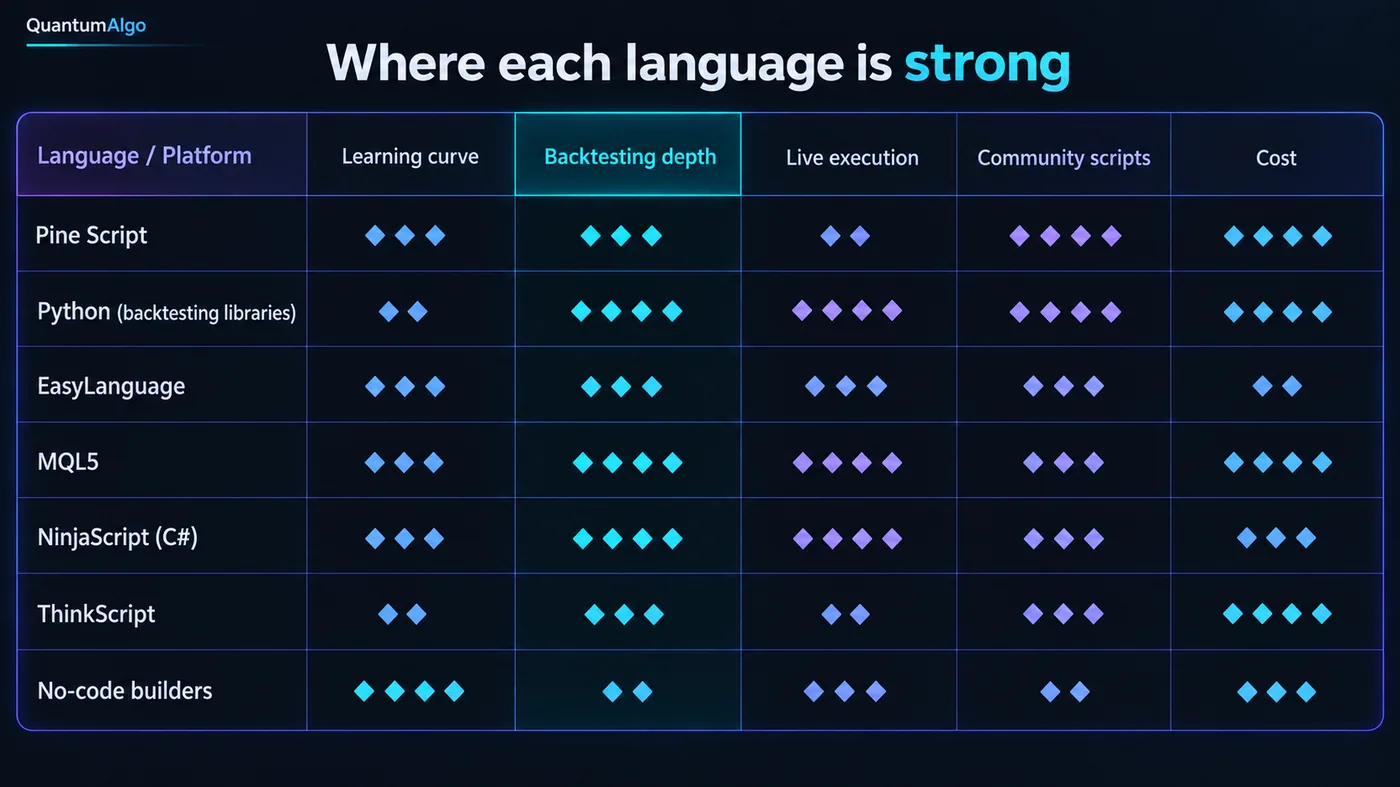 A comparison matrix on a dark panel with rows for Pine Script, Python backtesting libraries, EasyLanguage, MQL A comparison matrix on a dark panel with rows for Pine Script, Python backtesting libraries, EasyLanguage, MQL5, NinjaScript, ThinkScript and no-code builders, and columns for learning curve, backtesting depth, live execution, community scripts and cost, each cell rated with one to four filled diamonds