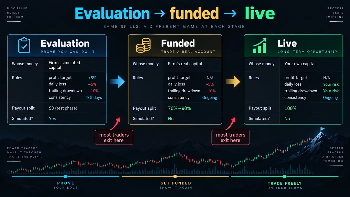 Three account stages side by side — evaluation, funded and live — showing whose money, the rules, the payout split and whether the account is simulated, with arrows where most traders exit
