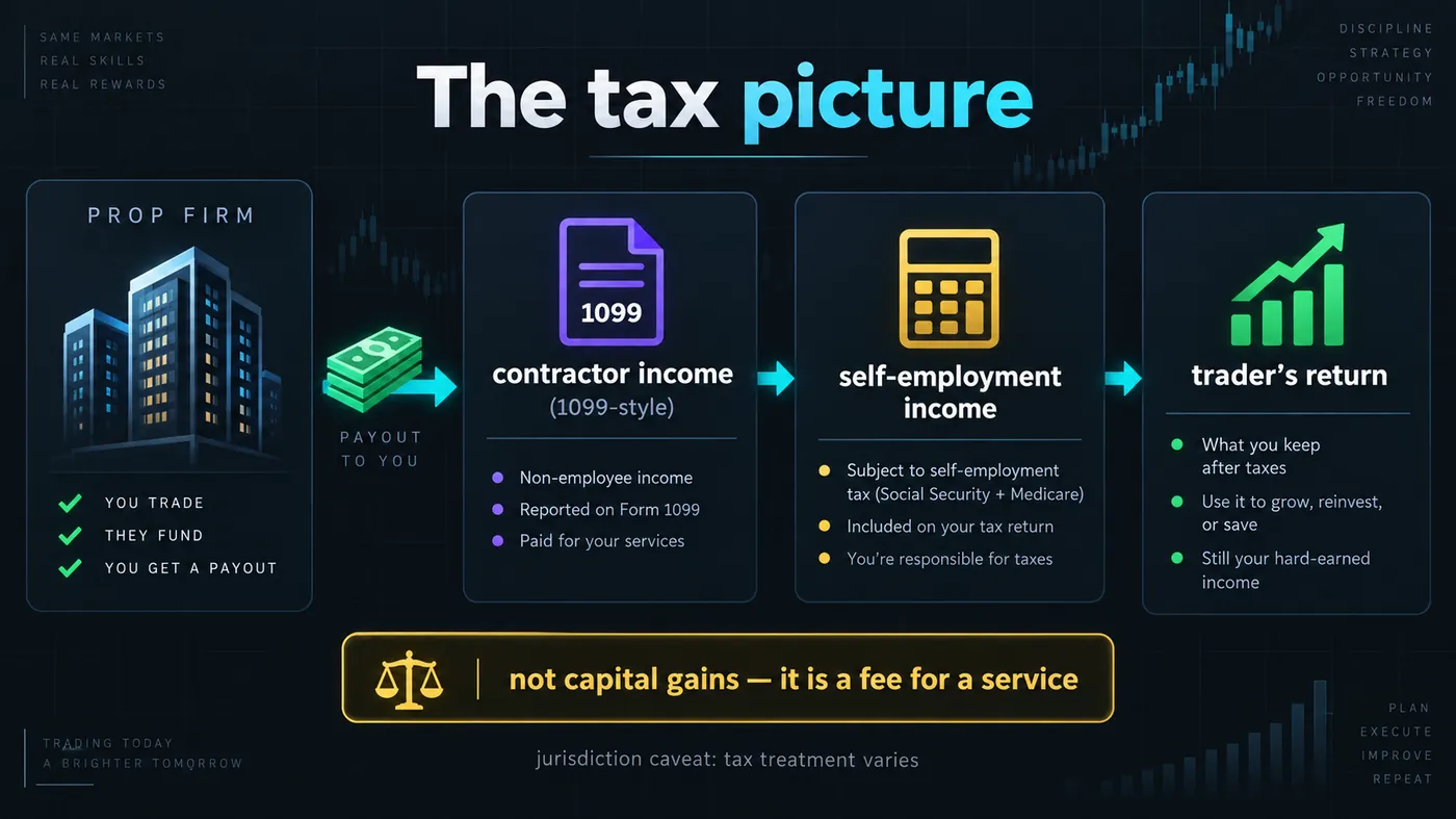 Diagram of a prop-firm payout leaving as 1099-style contractor income into self-employment income on the trader's return, with the note not capital gains it is a fee for a service and a jurisdiction caveat