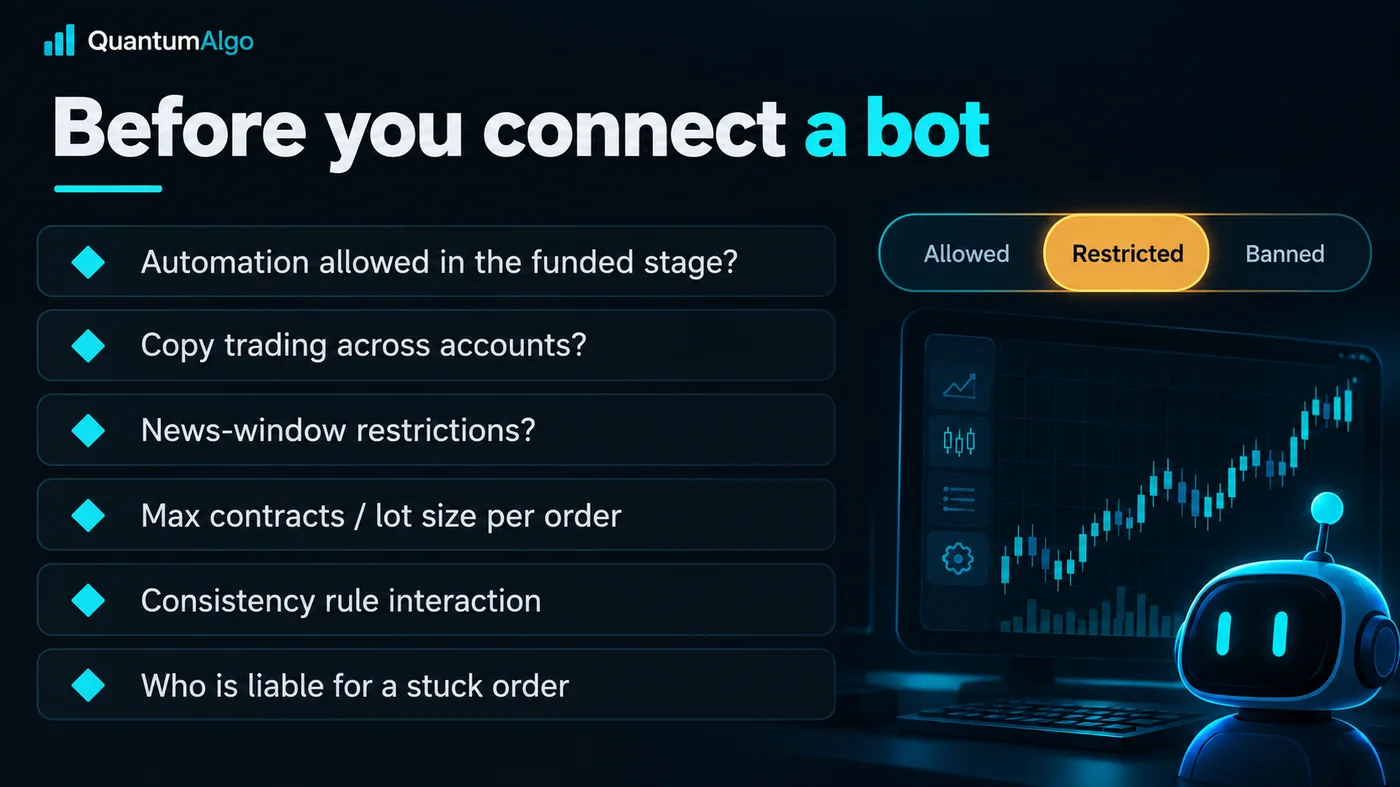 A checklist card titled Before you connect a bot with six diamond-bulleted rows: automation allowed in the fun A checklist card titled Before you connect a bot with six diamond-bulleted rows: automation allowed in the funded stage, copy trading across accounts, news-window restrictions, max contracts or lot size per order, consistency-rule interaction, who is liable for a stuck order; beside it three pills reading Allowed, Restricted, Banned with the middle one highlighted