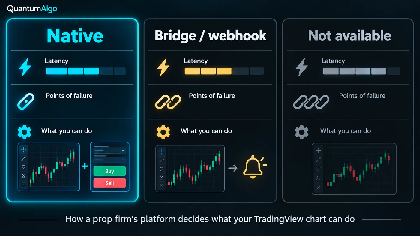 Three columns titled Native, Bridge or webhook, and Not available, each with rows for latency shown as a clock Three columns titled Native, Bridge or webhook, and Not available, each with rows for latency shown as a clock glyph, points of failure shown as one, two or three chain links, and what you can do — chart plus order ticket, alerts only, chart only — with the native column highlighted