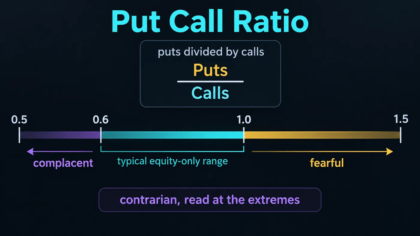 Put/call ratio explained in one picture: the formula (put volume divided by call volume), a horizontal gauge f Put/call ratio explained in one picture: the formula (put volume divided by call volume), a horizontal gauge from 0.5 to 1.5 with the typical equity-only range shaded, the complacent zone below 0.6, the fearful zone above 1.0, and a note that the ratio is a contrarian gauge