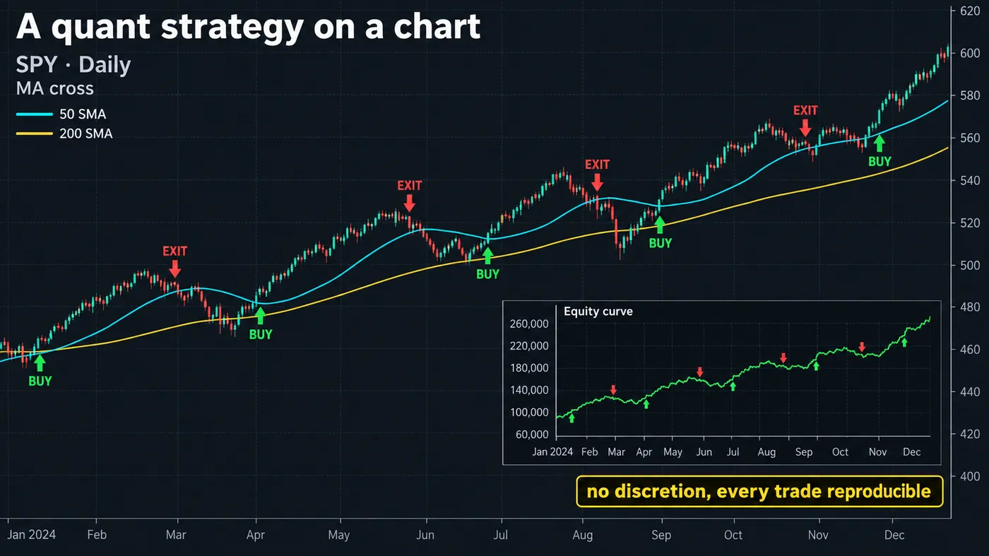 SPY daily chart for 2024 with a 50/200 moving-average cross rule SPY daily chart for 2024 with a 50/200 moving-average cross rule: every buy and exit marked mechanically, an inset equity curve, captioned no discretion every trade reproducible