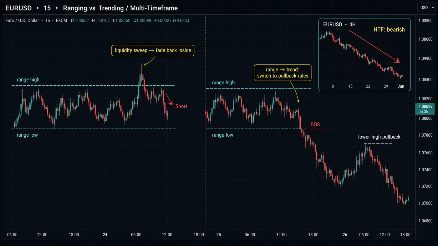 EURUSD 15-minute chart: a range with range high and range low lines, a liquidity sweep above the range high faded back inside with a short arrow, then a break of structure below the range low and a lower-high pullback labelled range to trend switch to pullback rules, with an inset 4H chart labelled HTF bearish
