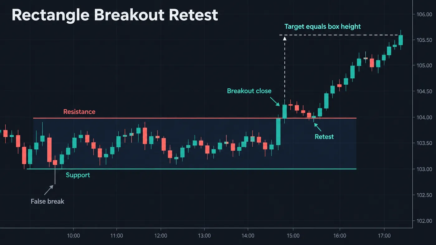 A rectangle pattern resolving upward: a strong candle closes above resistance labelled breakout close, price r A rectangle pattern resolving upward: a strong candle closes above resistance labelled breakout close, price returns to the old resistance which holds as support labelled retest, then continues to a dotted target line one box height above the top, with a faded earlier wick below support labelled false break
