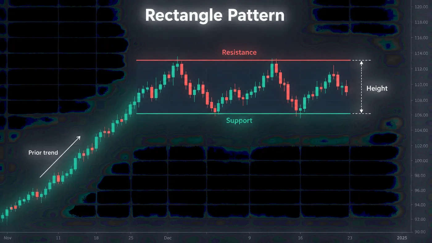 Ein Rectangle Chart-Pattern auf einem dunklen Kurschart: Nach einem Uptrend prallt der Kurs mindestens zweimal an einer horizontalen Resistance-Linie und zweimal an einer horizontalen Support-Linie ab, bildet eine schattierte Box, mit einem vorherigen Trend-Pfeil links und einer vertikalen Klammer, die die Box-Höhe markiert Ein Rectangle Chart-Pattern auf einem dunklen Kurschart: Nach einem Uptrend prallt der Kurs mindestens zweimal an einer horizontalen Resistance-Linie und zweimal an einer horizontalen Support-Linie ab, bildet eine schattierte Box, mit einem vorherigen Trend-Pfeil links und einer vertikalen Klammer, die die Box-Höhe markiert