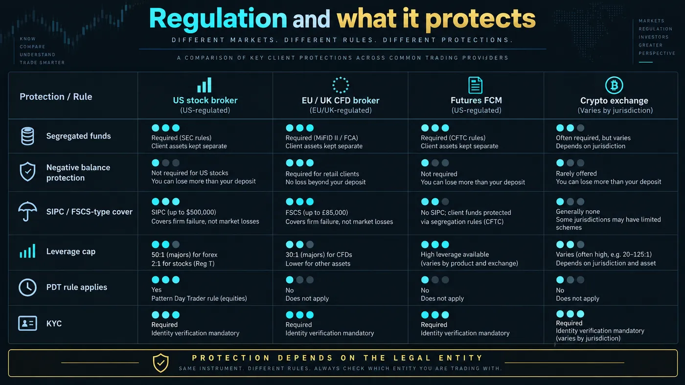 Matrix comparing US stock broker, EU/UK CFD broker, futures FCM and crypto exchange on segregated funds, negat Matrix comparing US stock broker, EU/UK CFD broker, futures FCM and crypto exchange on segregated funds, negative balance protection, SIPC/FSCS-type cover, leverage cap, PDT rule and KYC