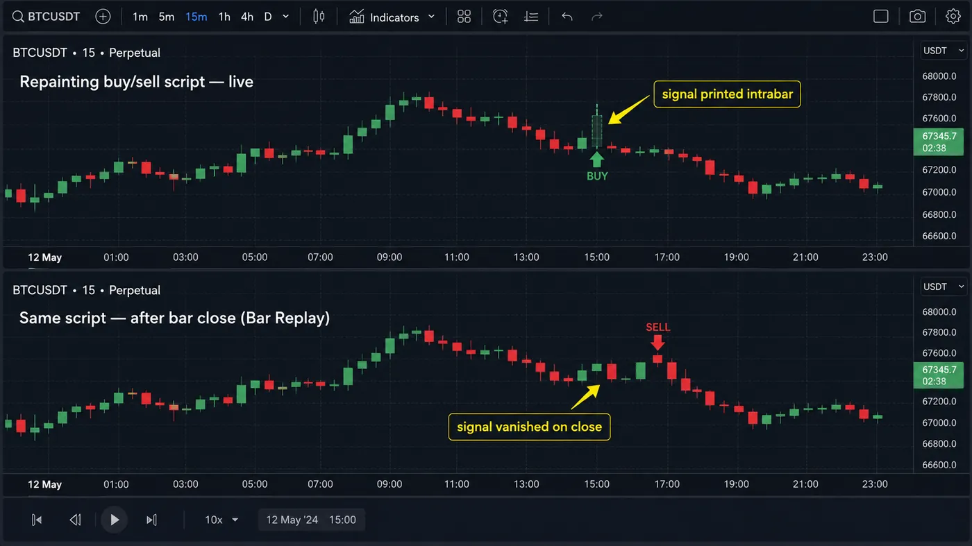 Two stacked BTCUSDT 15-minute panels Two stacked BTCUSDT 15-minute panels: a repainting buy/sell script prints a BUY arrow intrabar, and the same script after bar close in Bar Replay shows the BUY vanished and a SELL printed two bars later