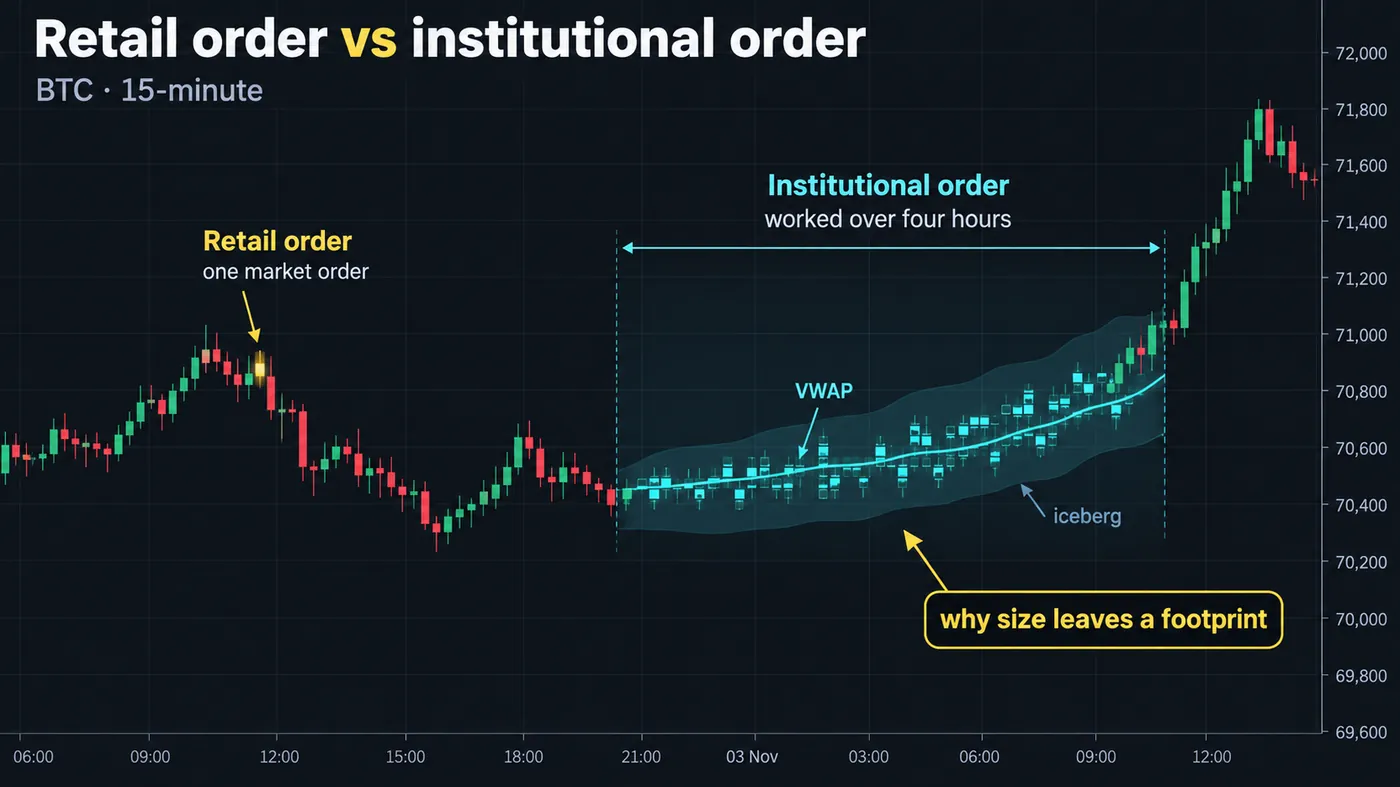 BTC 15-minute chart contrasting a single retail market order that fills in one tick with an institutional orde BTC 15-minute chart contrasting a single retail market order that fills in one tick with an institutional order worked over four hours as small iceberg slices along a VWAP line, captioned why size leaves a footprint