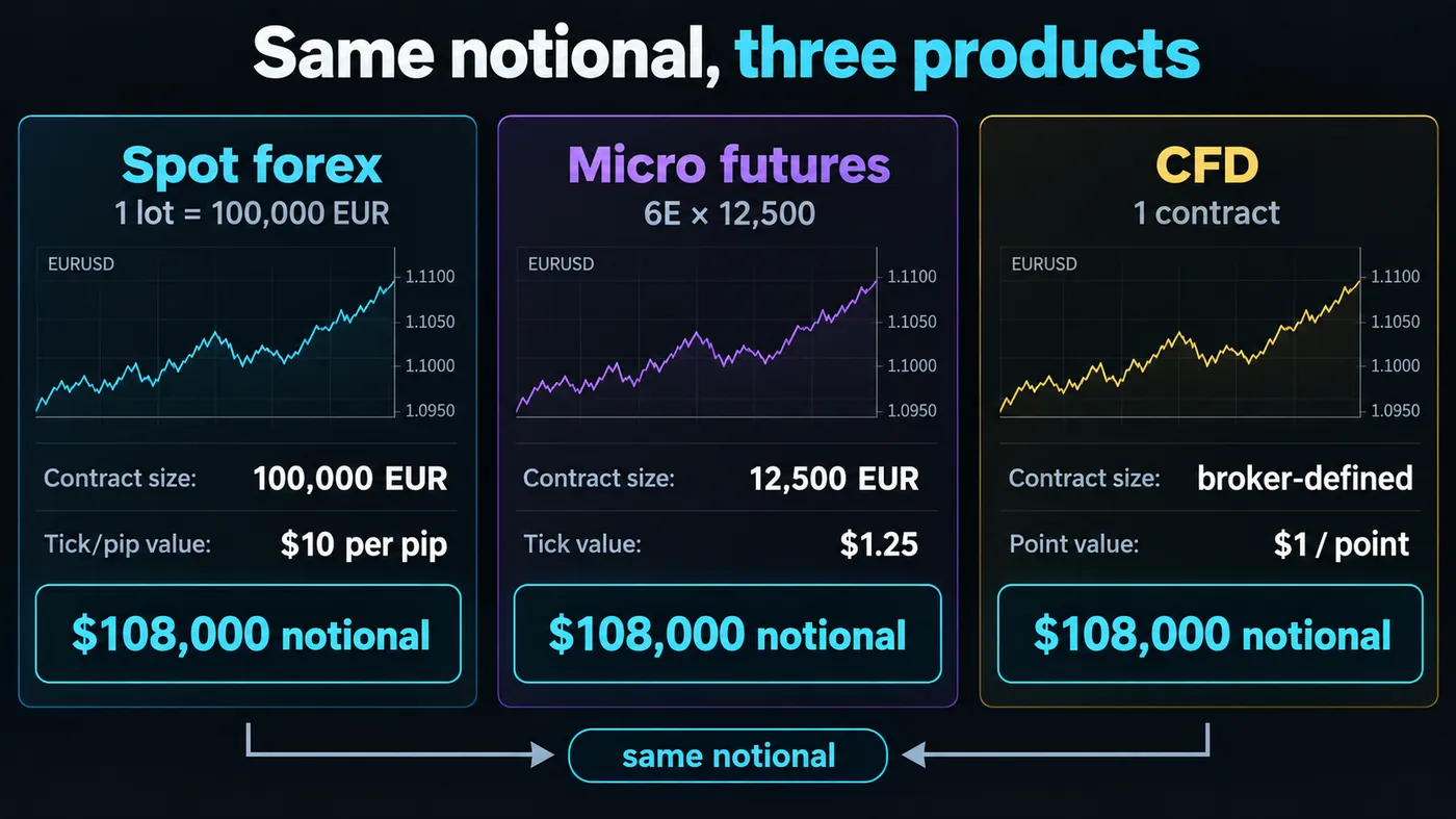 Three panels showing $108,000 of EUR/USD exposure built as one spot forex lot, eight micro futures contracts a Three panels showing $108,000 of EUR/USD exposure built as one spot forex lot, eight micro futures contracts and one CFD contract, with contract size and tick value for each