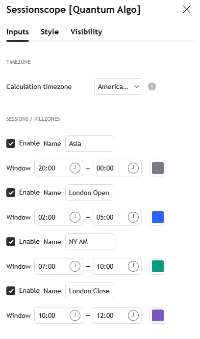 Sessionscope settings panel: timezone, per-session windows, box and level visuals, session liquidity and sweep options, midnight open, statistics dashboard