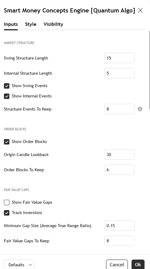 Smart Money Concepts Engine settings panel: swing and internal structure lengths, order block lookback, fair value gap size and inversion tracking