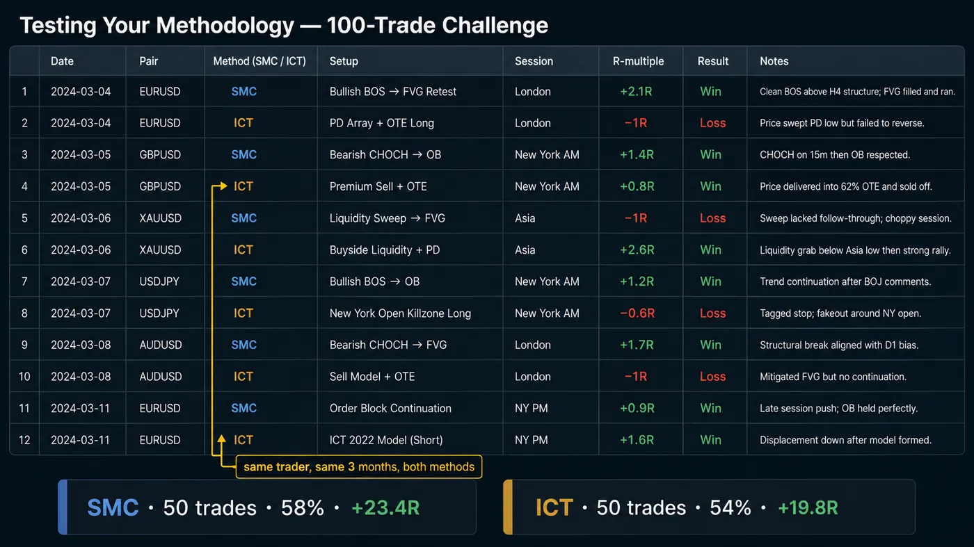 Trading journal table for a 100-trade challenge alternating SMC and ICT setups across EURUSD, GBPUSD, XAUUSD, USDJPY and AUDUSD with session, R-multiple, result and notes, and totals of SMC 50 trades 58% +23.4R and ICT 50 trades 54% +19.8R
