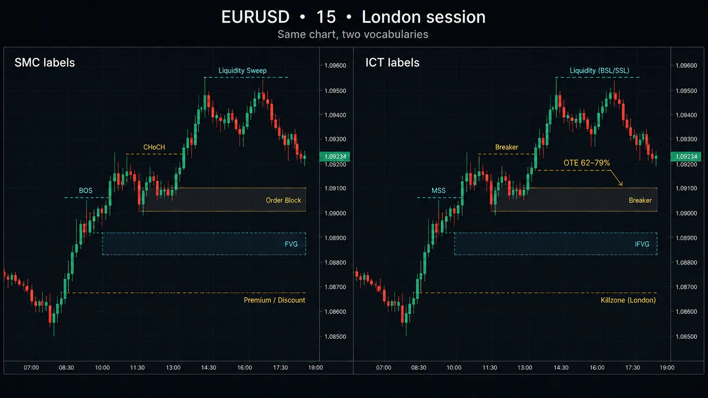 EURUSD 15-minute London session shown twice with identical candles: the left panel labelled with SMC terms BOS, CHoCH, Order Block, Liquidity Sweep, FVG and Premium/Discount; the right panel labelled with ICT terms MSS, Breaker, Liquidity BSL/SSL, IFVG, OTE 62–79% and Killzone London