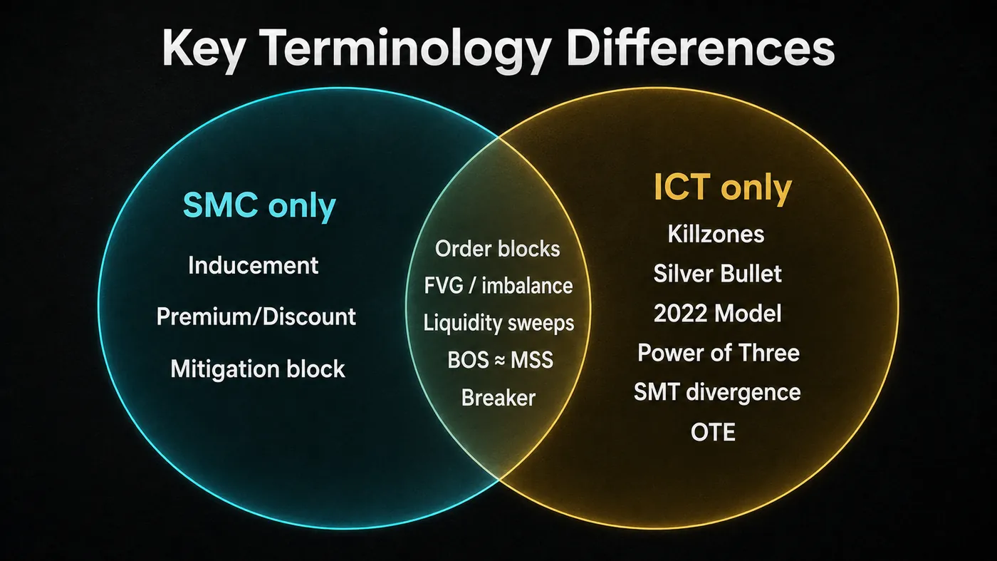 Venn diagram of SMC and ICT terminology: SMC only has inducement, premium/discount and mitigation block; ICT only has killzones, Silver Bullet, 2022 Model, Power of Three, SMT divergence and OTE; shared are order blocks, FVG/imbalance, liquidity sweeps, BOS ≈ MSS and breaker