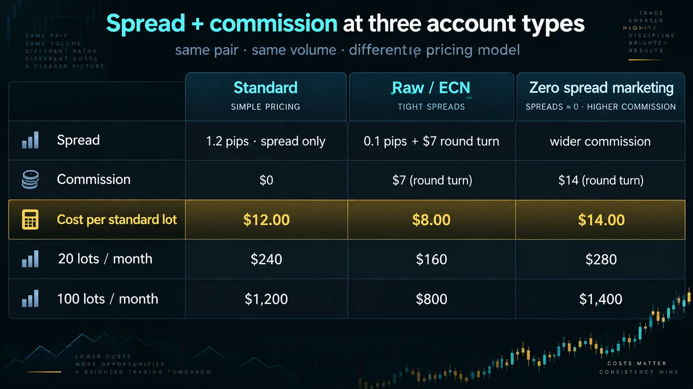 Table comparing standard (1.2 pips, no commission), raw ECN (0.1 pip plus 7 dollars round turn) and zero-sprea Table comparing standard (1.2 pips, no commission), raw ECN (0.1 pip plus 7 dollars round turn) and zero-spread marketing accounts (wider commission) on cost per standard lot and at 20 and 100 lots a month