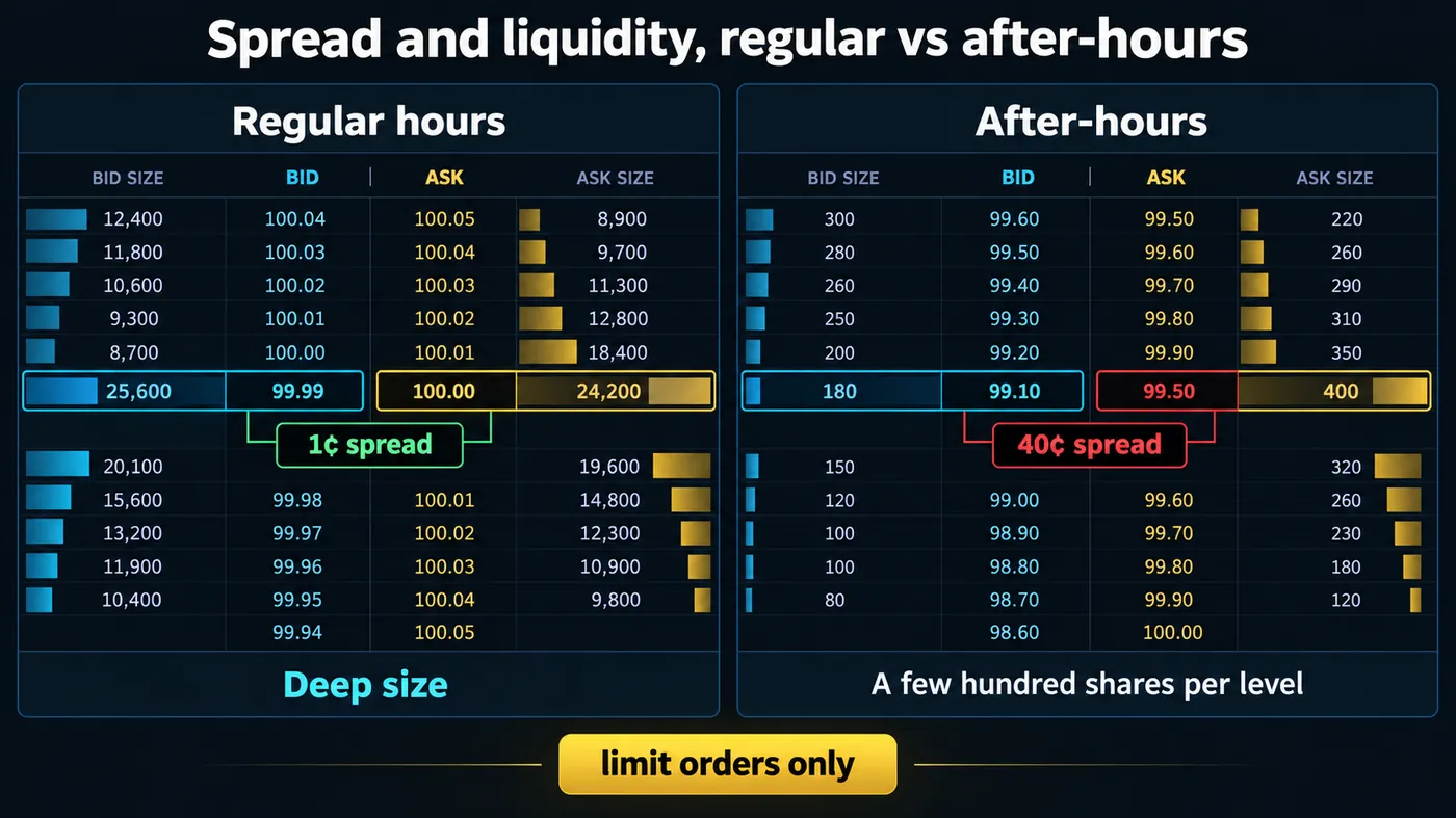 Two order-book ladders for the same stock Two order-book ladders for the same stock: regular hours with a 1-cent spread and deep size, after-hours with a 40-cent spread and a few hundred shares per level, captioned limit orders only