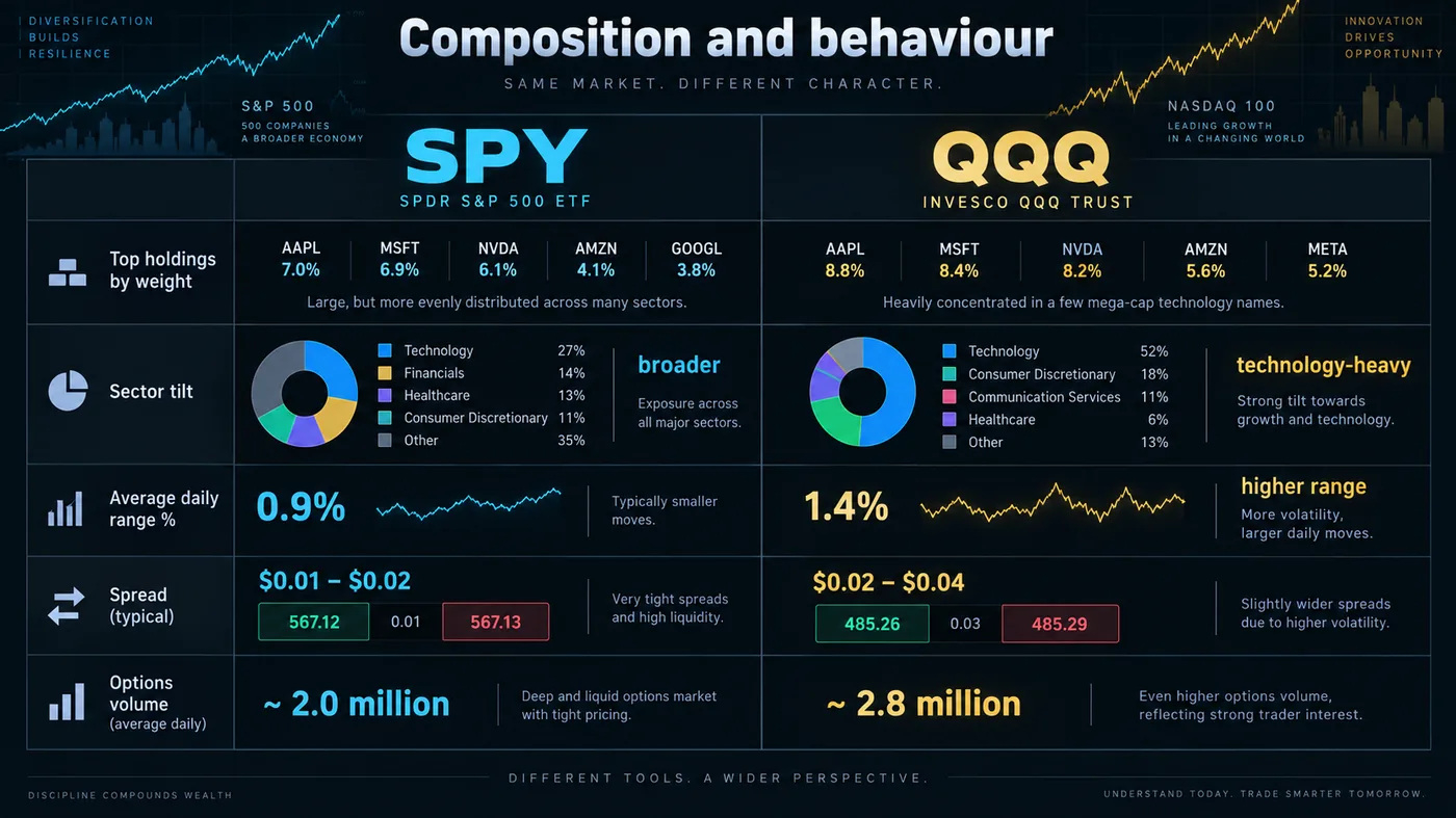 Two columns comparing SPY and QQQ on top holdings, sector tilt, average daily range, spread and options volume