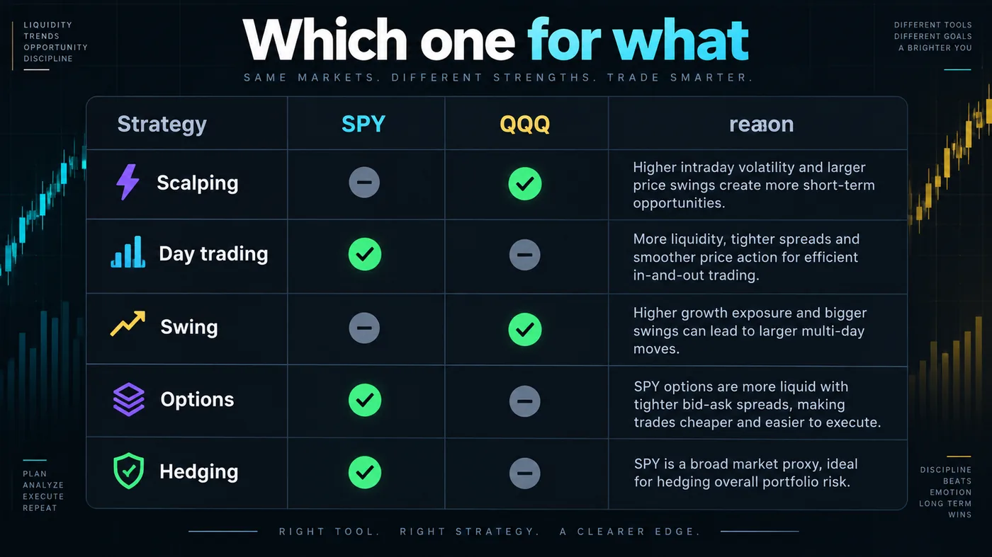 A decision grid mapping scalping, day trading, swing trading, options and hedging to SPY or QQQ with the reason