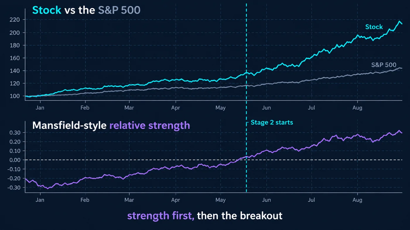 Dos paneles: una línea de acción que sube más rápido que la línea del S&P 500, y debajo una fuerza relativa estilo Mansfield Dos paneles: una línea de acción que sube más rápido que la línea del S&P 500, y debajo una línea de fuerza relativa estilo Mansfield que cruza por encima de cero en el punto marcado como inicio de Stage 2, con el texto primero la fuerza, luego la ruptura