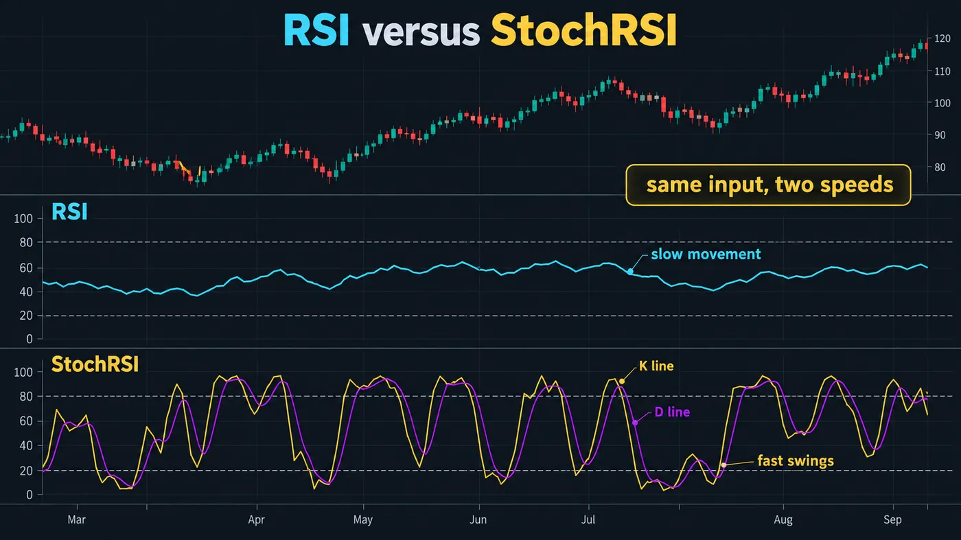 RSI and Stochastic RSI in two panes under the same price chart: the RSI moving slowly between 40 and 65 while RSI and Stochastic RSI in two panes under the same price chart: the RSI moving slowly between 40 and 65 while the Stochastic RSI swings between 0 and 100 several times, with the 20 and 80 lines on the StochRSI pane and the K and D lines labelled