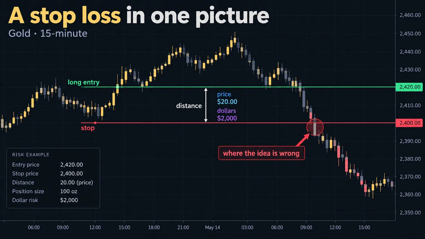 Gold 15-minute chart with a long entry, the stop below the level, the distance labelled in price and dollars, Gold 15-minute chart with a long entry, the stop below the level, the distance labelled in price and dollars, and the callout where the idea is wrong