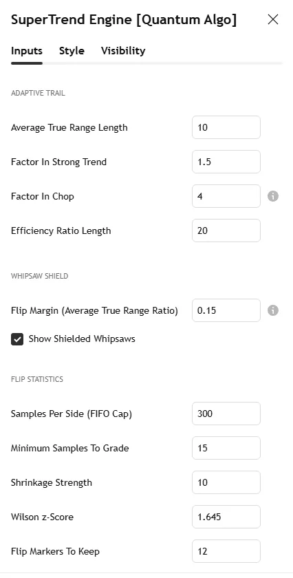 SuperTrend Engine settings panel: ATR length, trend and chop factors, Efficiency Ratio length, whipsaw shield margin, statistics, trade plan, visuals