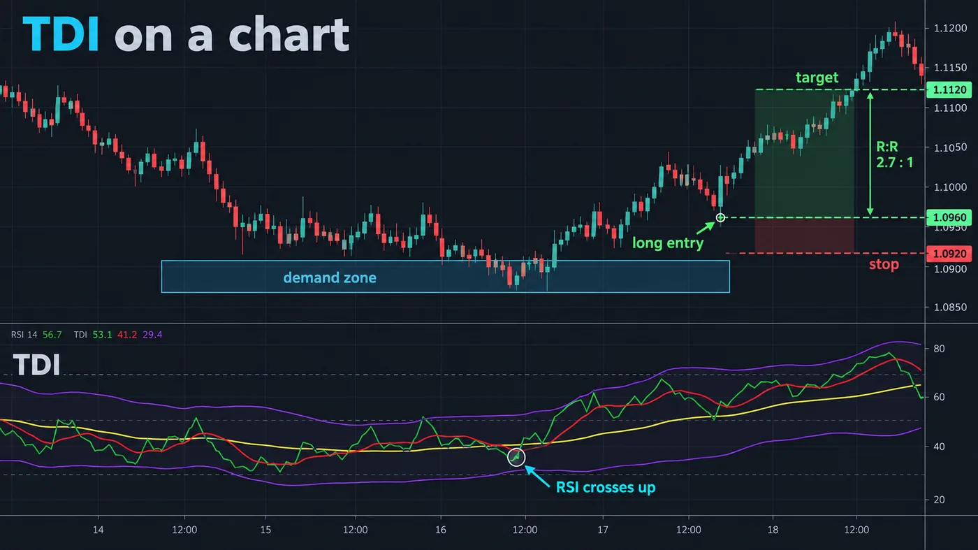 Price above with a demand zone and the TDI below, a long entry where the RSI crosses up out of the lower band Price above with a demand zone and the TDI below, a long entry where the RSI crosses up out of the lower band at the zone, with entry, stop and target marked
