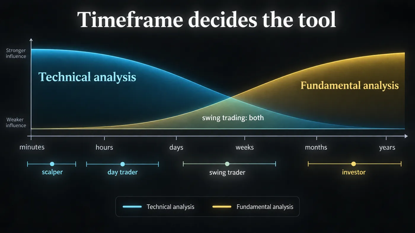 Horizontal axis from minutes to years with technical analysis strongest at short horizons fading out past mont Horizontal axis from minutes to years with technical analysis strongest at short horizons fading out past months and fundamental analysis fading in from months to years, an overlap zone labelled swing trading both, and markers for scalper, day trader, swing trader and investor