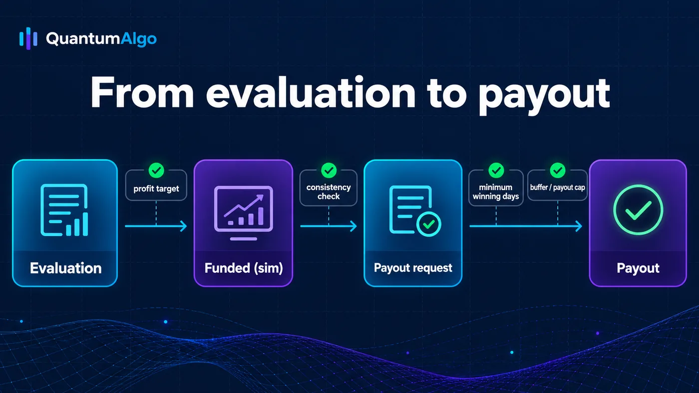 A left-to-right flow of four cards labelled evaluation, funded sim, payout request and payout, with checkpoints between them labelled profit target, consistency check, minimum winning days and buffer or payout cap
