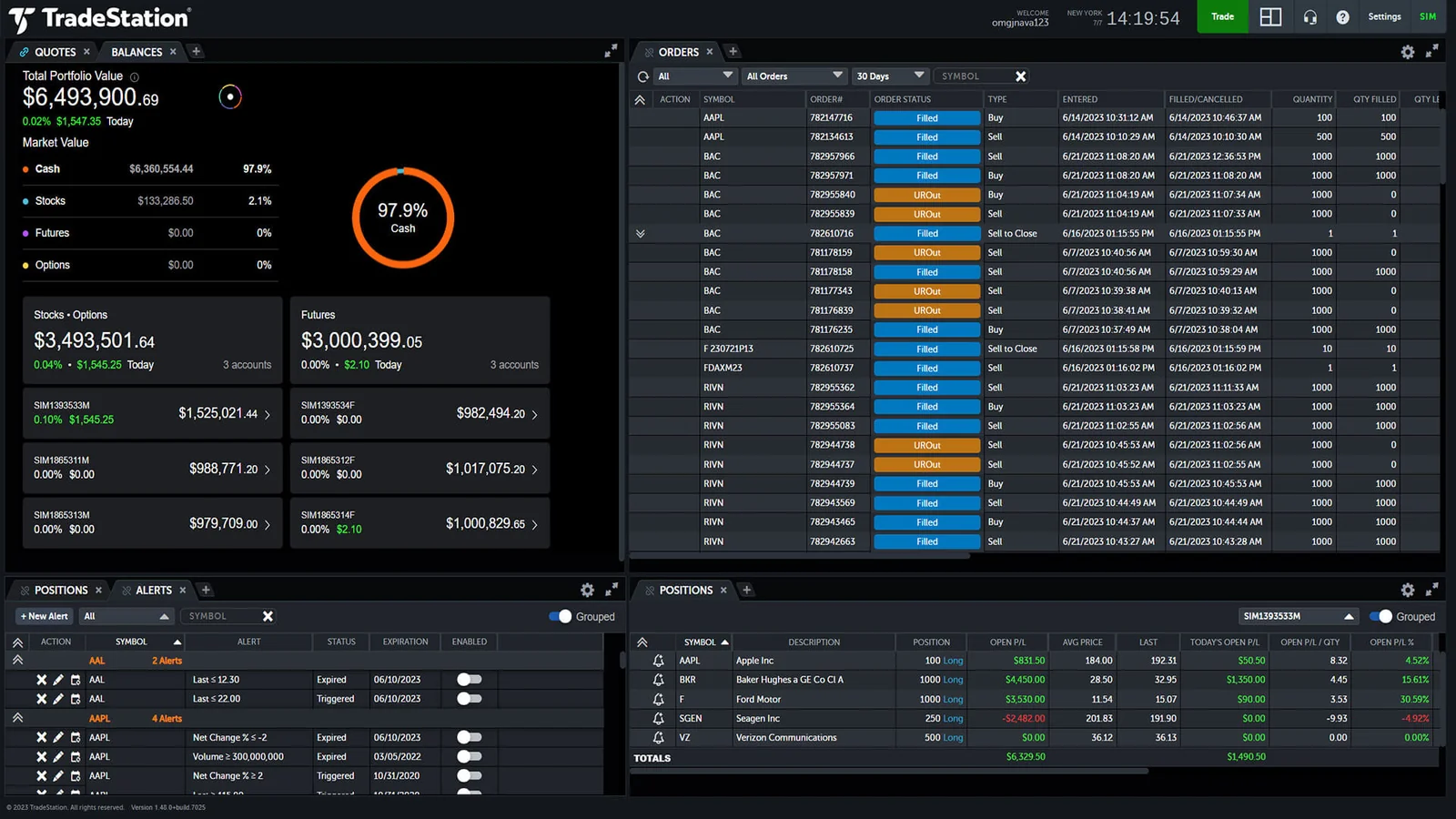 Vista de saldos de TradeStation con cuentas de acciones, opciones y futuros, lista de órdenes, alertas y posiciones abiertas Vista de saldos de TradeStation con cuentas de acciones, opciones y futuros, lista de órdenes, alertas y posiciones abiertas
