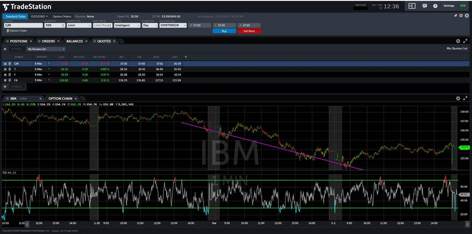 Trading web de TradeStation con barra de órdenes, posiciones y cotizaciones, y un gráfico de IBM de 1 minuto con RSI Trading web de TradeStation con barra de órdenes, posiciones y cotizaciones, y un gráfico de IBM de 1 minuto con RSI
