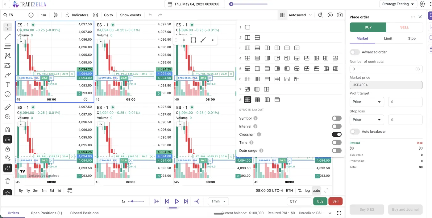 TradeZella backtesting workspace with several timeframes of ES futures, an order ticket and playback controls TradeZella backtesting workspace with several timeframes of ES futures, an order ticket and playback controls