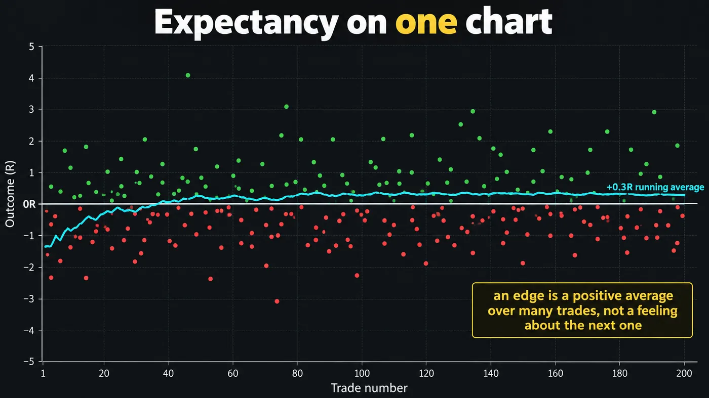 Scatter chart of 200 trade outcomes in R above and below zero with a running average line converging to plus 0 Scatter chart of 200 trade outcomes in R above and below zero with a running average line converging to plus 0.3R, captioned an edge is a positive average over many trades not a feeling about the next one