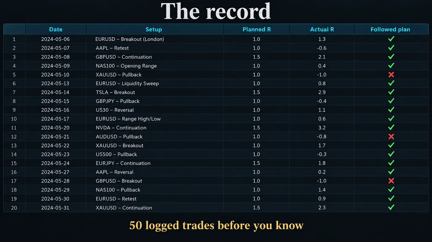 A stylised trading journal page with columns for date, setup, planned R, actual R and whether the plan was fol A stylised trading journal page with columns for date, setup, planned R, actual R and whether the plan was followed, twenty rows with three marked as deviations, and a footer line fifty logged trades before you know