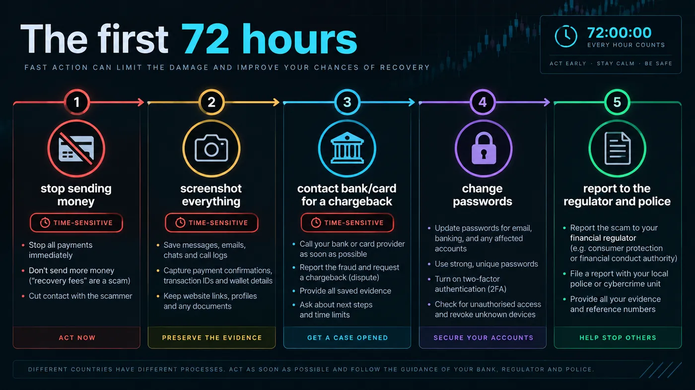 Checklist timeline for the first 72 hours after a trading scam: stop sending money, screenshot everything, contact bank or card for a chargeback, change passwords, report to the regulator and police, with the time-sensitive steps marked