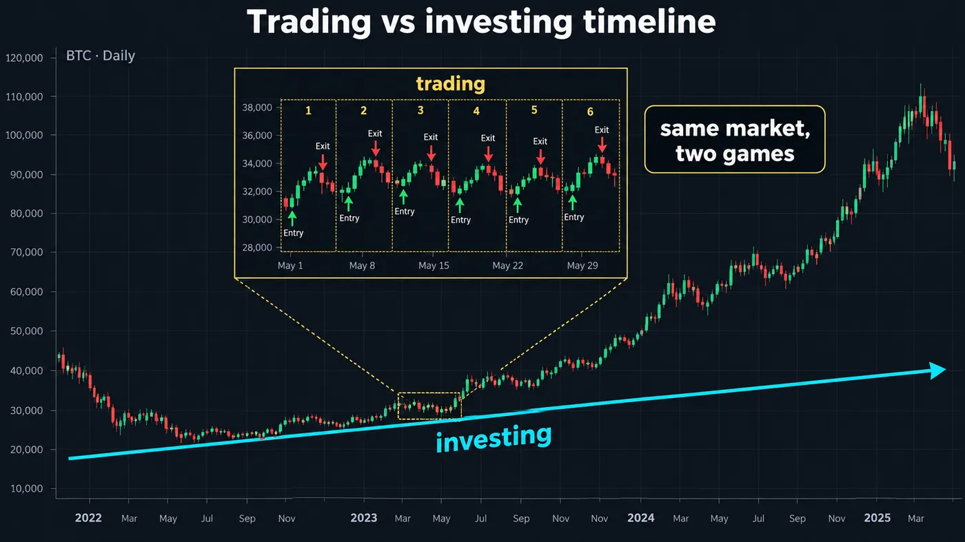 BTC daily chart over three years with an investing arrow along the whole rise and an inset showing six short trades with entries and exits inside one month, captioned same market two games