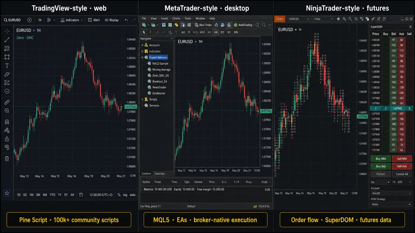Three side-by-side panels of the same EURUSD 1-hour chart in a TradingView-style web layout with a Zeno SMC in Three side-by-side panels of the same EURUSD 1-hour chart in a TradingView-style web layout with a Zeno SMC indicator loaded, a MetaTrader-style desktop layout with an Expert Advisors tree, and a NinjaTrader-style futures layout with a SuperDOM order ladder, captioned Pine Script 100k+ community scripts, MQL5 EAs broker-native execution, and order flow SuperDOM futures data