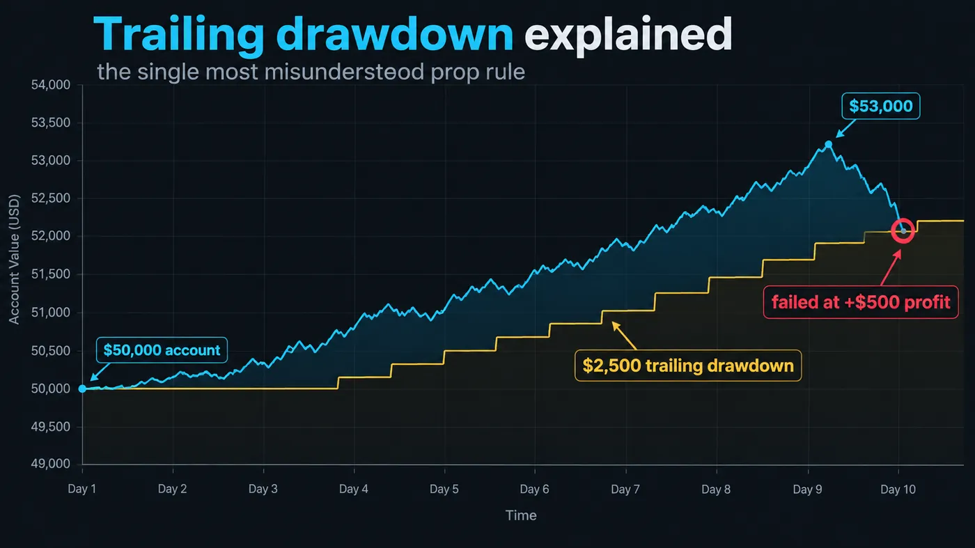 Equity curve of a 50,000 dollar evaluation rising to 53,000 with a 2,500 dollar trailing drawdown line ratchet Equity curve of a 50,000 dollar evaluation rising to 53,000 with a 2,500 dollar trailing drawdown line ratcheting up beneath it, then price pulls back and touches the line, labelled failed at plus 500 profit