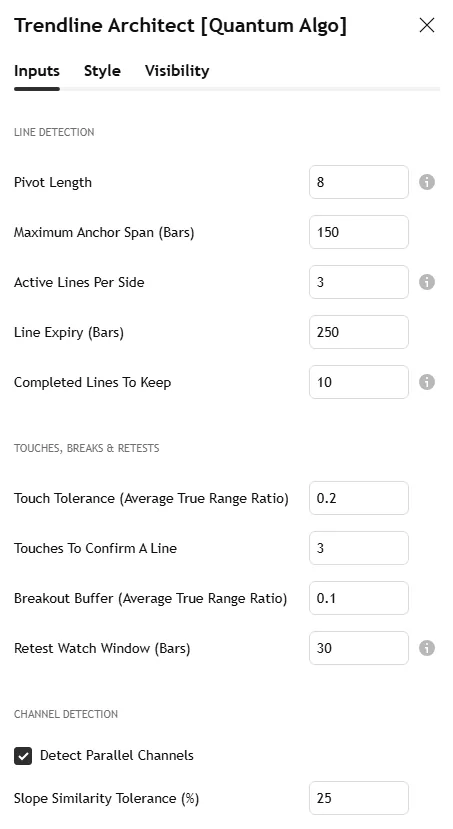 Trendline Architect settings panel: pivot length, anchor span, lines per side, expiry, touch tolerance, touches to confirm, breakout buffer, retest window, signal filters, channel detection