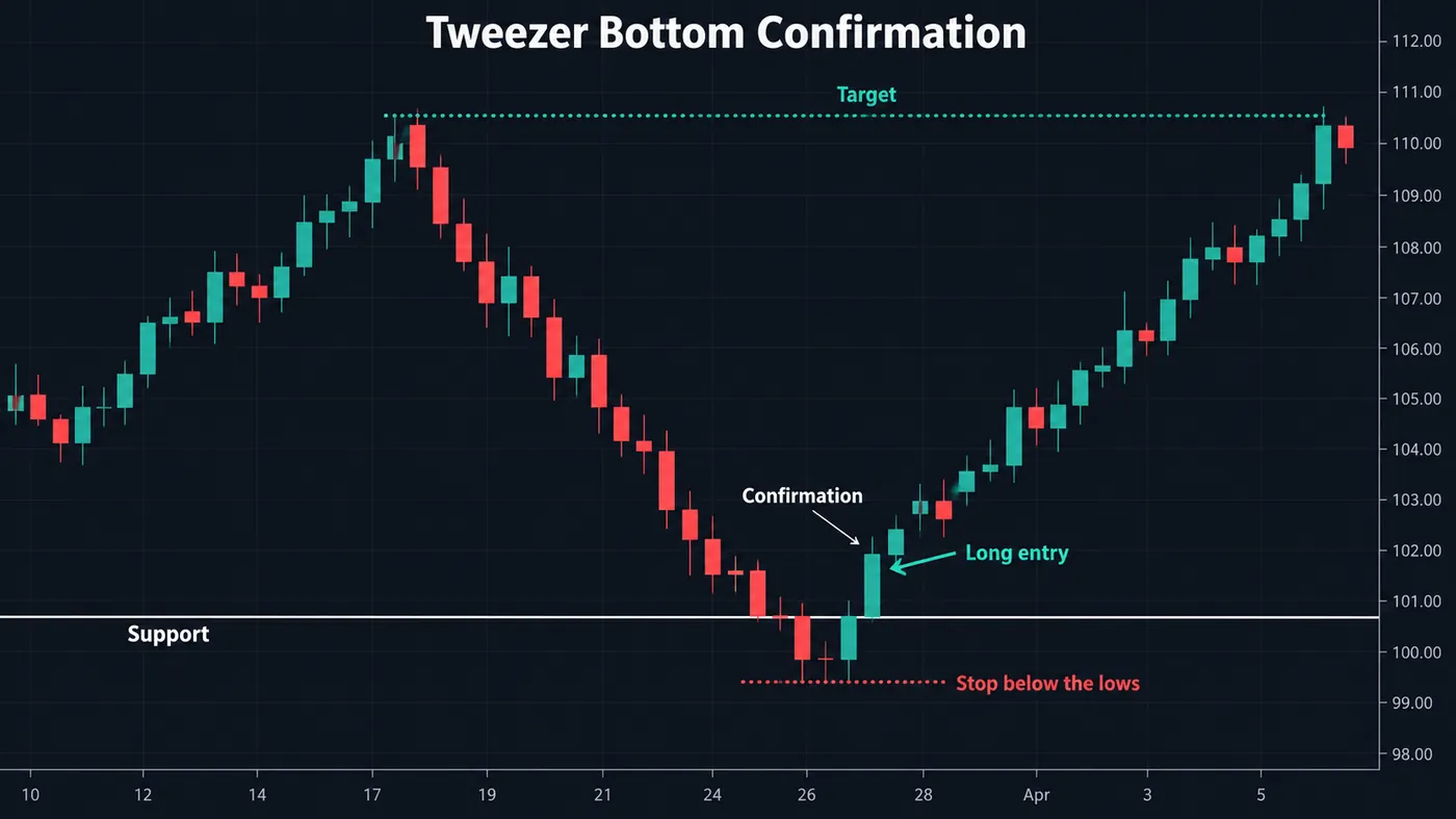 A tweezer bottom forming exactly at a horizontal support level on a dark price chart, followed by a third gree A tweezer bottom forming exactly at a horizontal support level on a dark price chart, followed by a third green candle closing above the tweezer highs labelled confirmation, with the long entry arrow at that close, a red dotted stop line just below the matching lows labelled stop below the lows, and a dotted target at the previous swing high