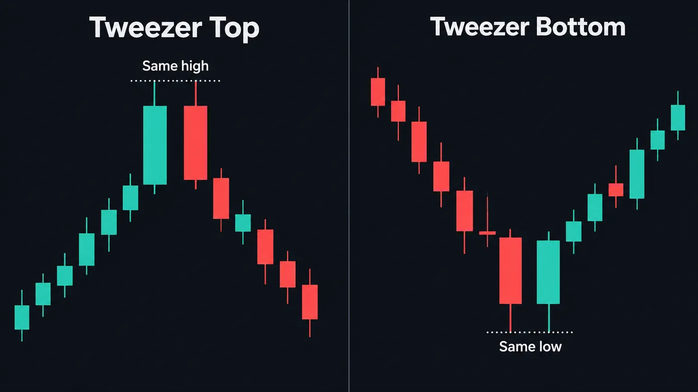 Tweezer top and tweezer bottom candlestick patterns zoomed in on a dark background: on the left a tall green c Tweezer top and tweezer bottom candlestick patterns zoomed in on a dark background: on the left a tall green candle followed by a red candle with both highs ending at the same level marked by a dotted line labelled same high, on the right a red candle followed by a green candle with matching lows labelled same low, each with small context candles leading into the pair