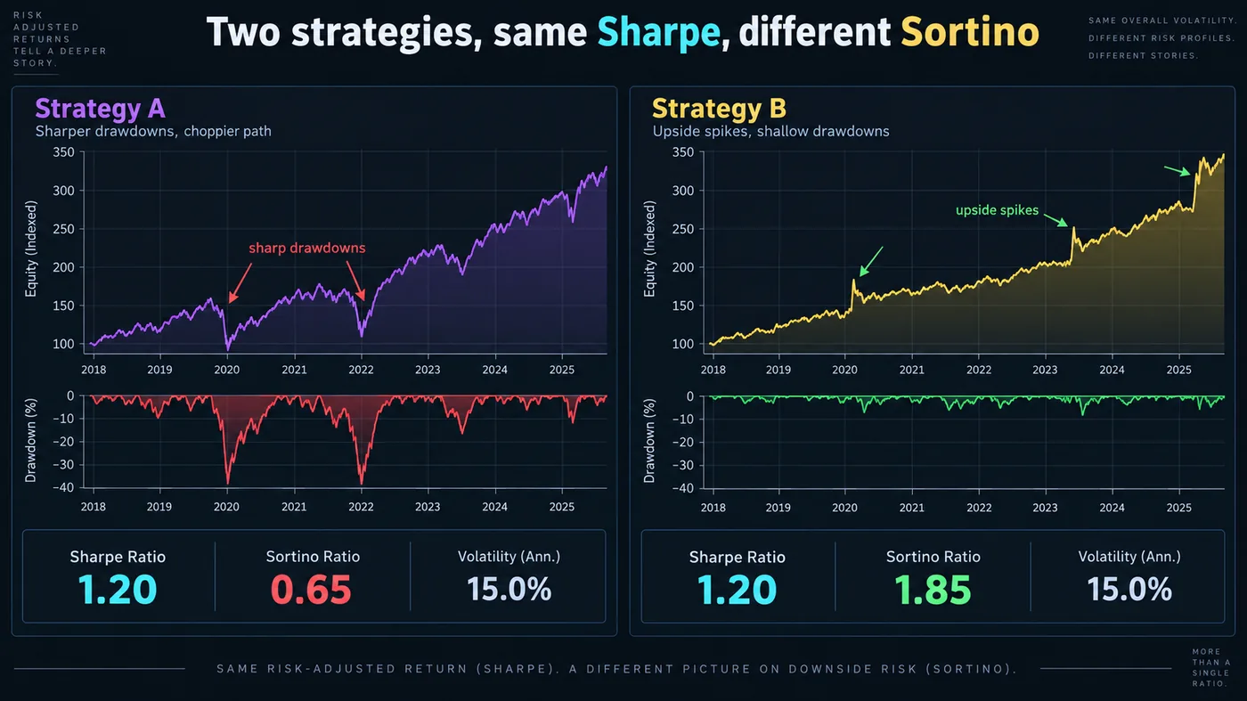 Two equity curves with identical volatility and Sharpe ratio, one with sharp drawdowns and one with sharp upsi Two equity curves with identical volatility and Sharpe ratio, one with sharp drawdowns and one with sharp upside spikes, with their Sortino ratios labelled