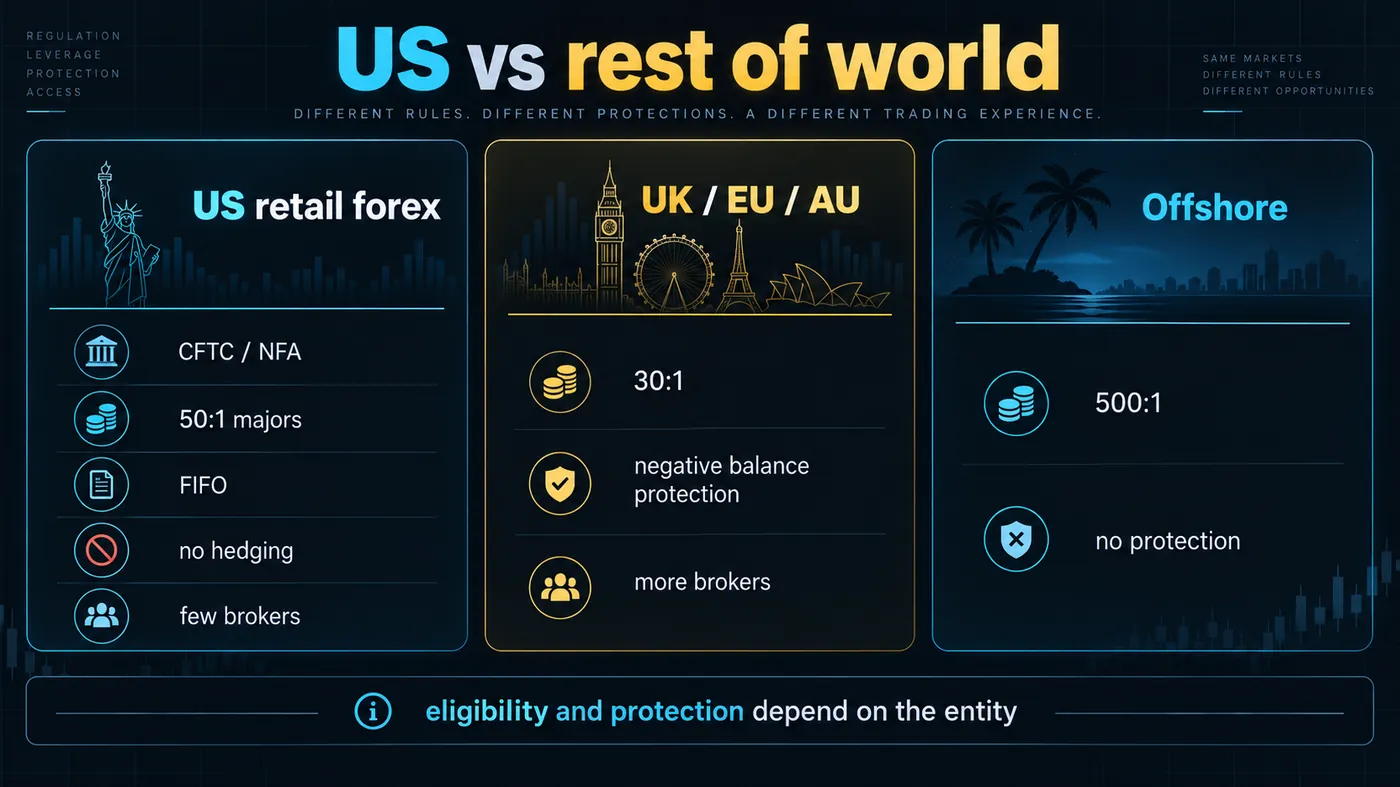 Three panels Three panels: US retail forex (CFTC/NFA, 50:1 majors, FIFO, no hedging, few brokers), UK/EU/AU (30:1, negative balance protection, more brokers), and offshore (500:1, no protection), captioned eligibility and protection depend on the entity
